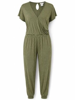 Serra Olive Green Short-Sleeve Wrap Jumpsuit